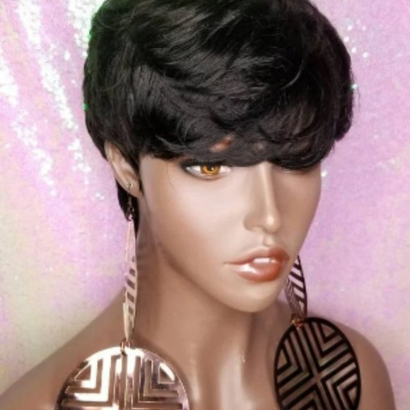 Razor Cut Pixie Cut Peruvian Remy Human Hair Wig Swoop Bang Black Hair Wig - Picture 7 of 7